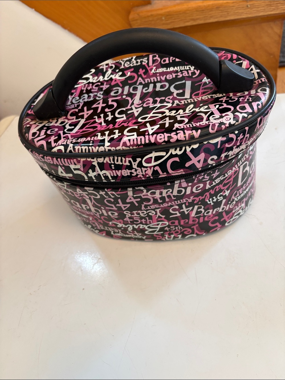 Barbie 45th anniversary Pink Black Script Train Case Cosmetic Bag